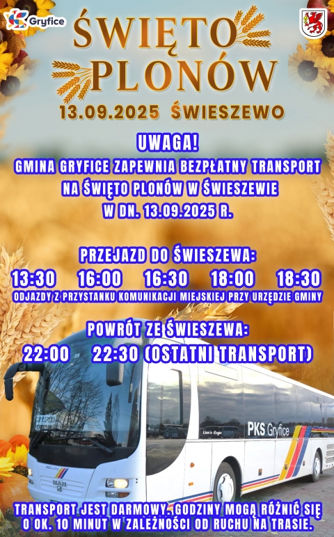 UWAGA! Bezpłatny transport na Święto Plonów w Świeszewie