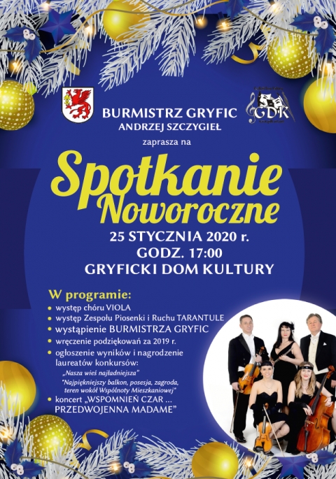 Burmistrz Gryfic Andrzej Szczygieł serdecznie zaprasza mieszkańców gminy Gryfice na uroczyste &quot;Spotkanie Noworoczne&quot; 25.01.2020 r. godz. 17:00 - Gryficki Dom Kultury.