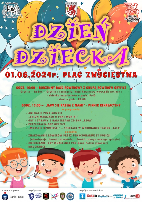 Gryficki Dom Kultury, Grupa Rowerów Górskich Gryfice oraz Gmina Gryfice zapraszają do aktywnego świętowania „Dnia Dziecka” - w sobotę 01.06.2024r. na Placu Zwycięstwa.