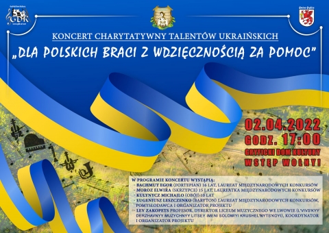 Zapraszamy na koncert charytatywny talentów ukraińskich pt.  „Dla polskich braci z wdzięcznością za pomoc”