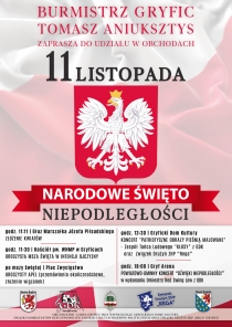 Burmistrz Gryfic, Tomasz Aniuksztys, serdecznie zaprasza mieszkańców i gości Gminy Gryfice na uroczystości z okazji Narodowego Święta Niepodległości