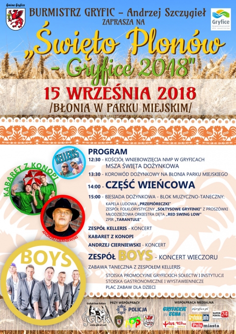 Burmistrz Gryfice zaprasza 15 września 2018 r. na &quot;Święto Plonów&quot; w Gryficach